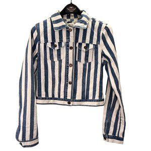 Forever 21 Crop Denim Jacket size M Blue White Striped Button Up Pockets Cowgirl